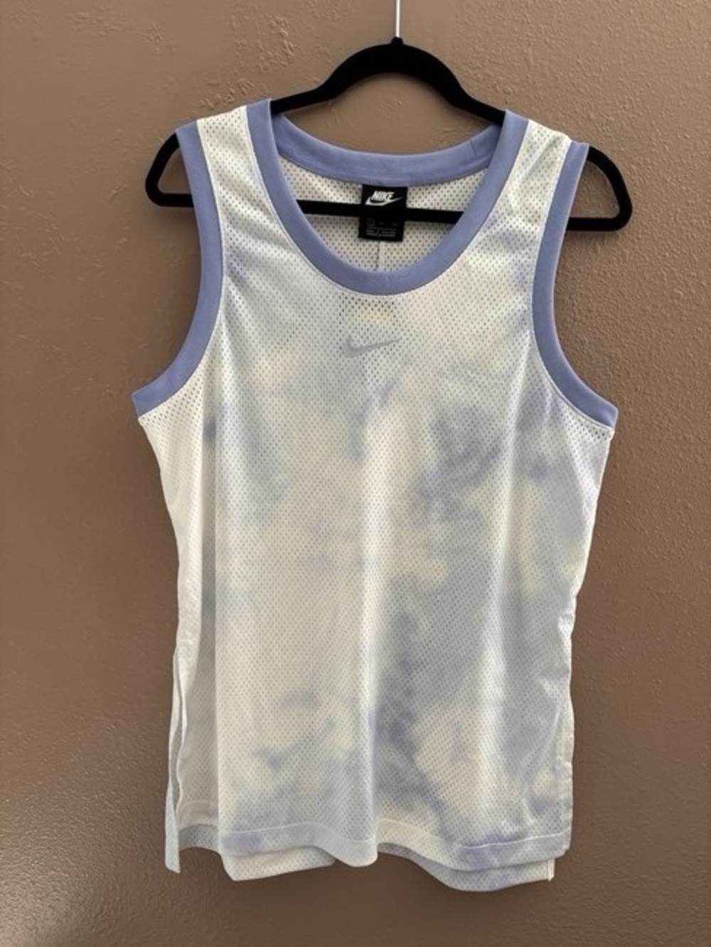Nike White Mesh Tank with Lavender Trim and Subtle Tie-Dye